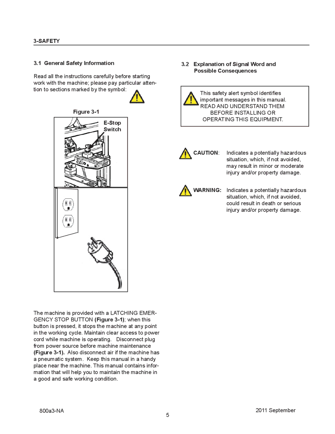 3M 800a3 manual General Safety Information, Stop Switch, Explanation of Signal Word and Possible Consequences 