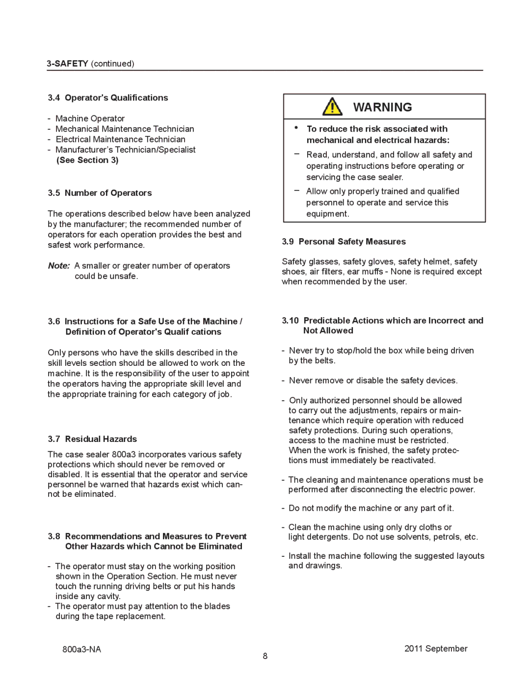 3M 800a3 manual Operators Qualifications, See Section Number of Operators, Residual Hazards, Personal Safety Measures 