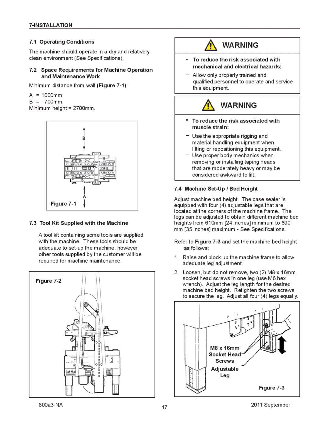 3M 800a3 manual Installation, Tool Kit Supplied with the Machine, Machine Set-Up / Bed Height 
