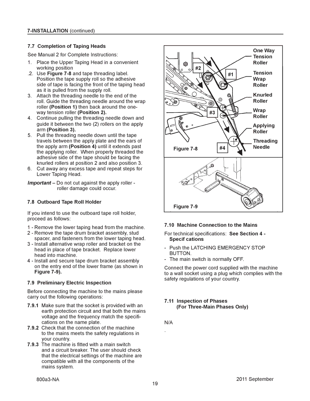 3M 800a3 manual Installation Completion of Taping Heads, Outboard Tape Roll Holder, Preliminary Electric Inspection 
