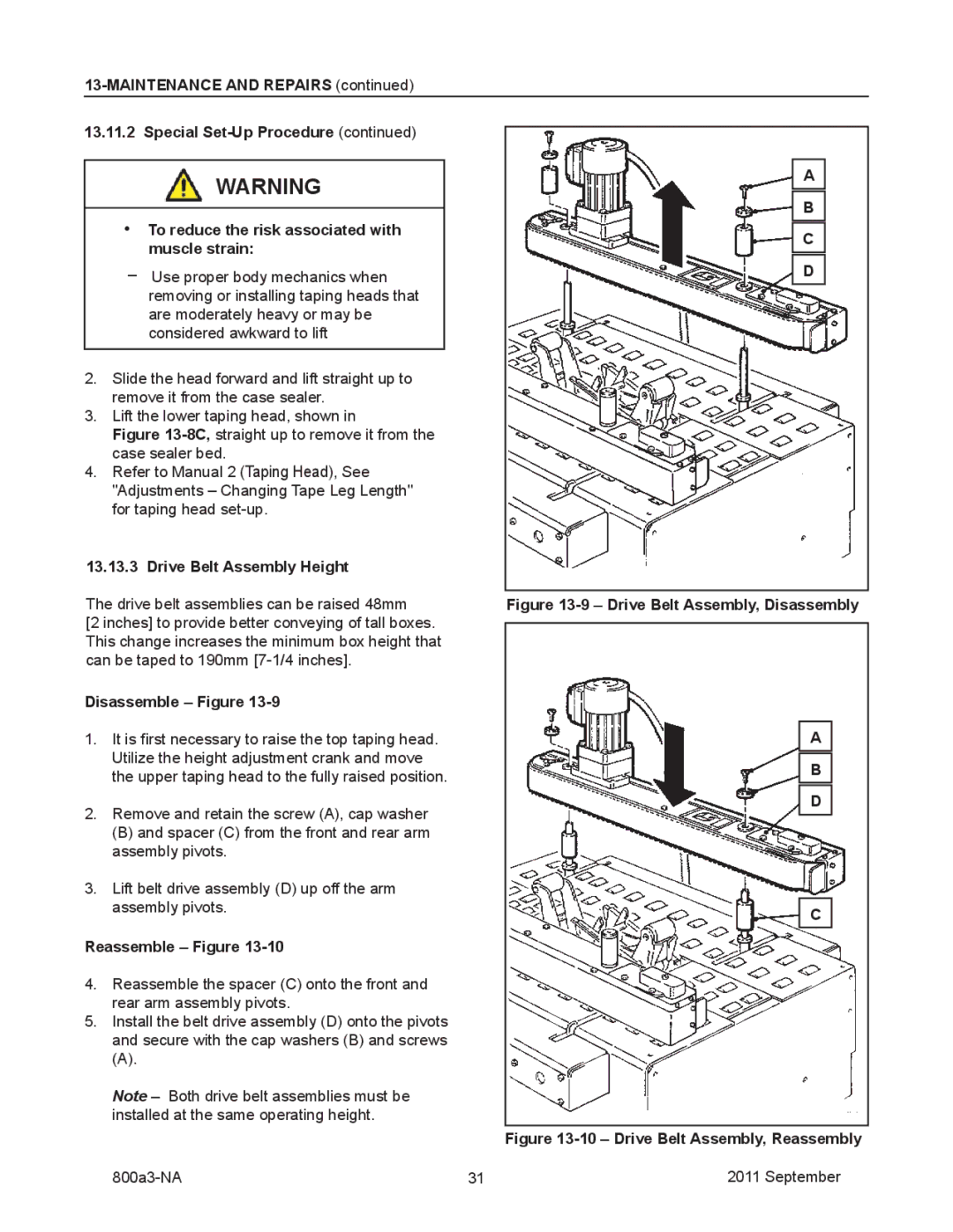 3M 800a3 manual Drive Belt Assembly Height, Disassemble Figure, Reassemble Figure 