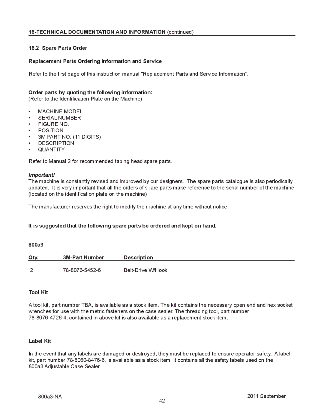 3M 800a3 manual Machine Model Serial Number, Label Kit 