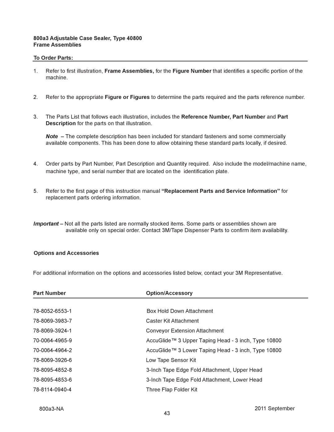 3M 800a3 manual Options and Accessories, Part Number Option/Accessory 