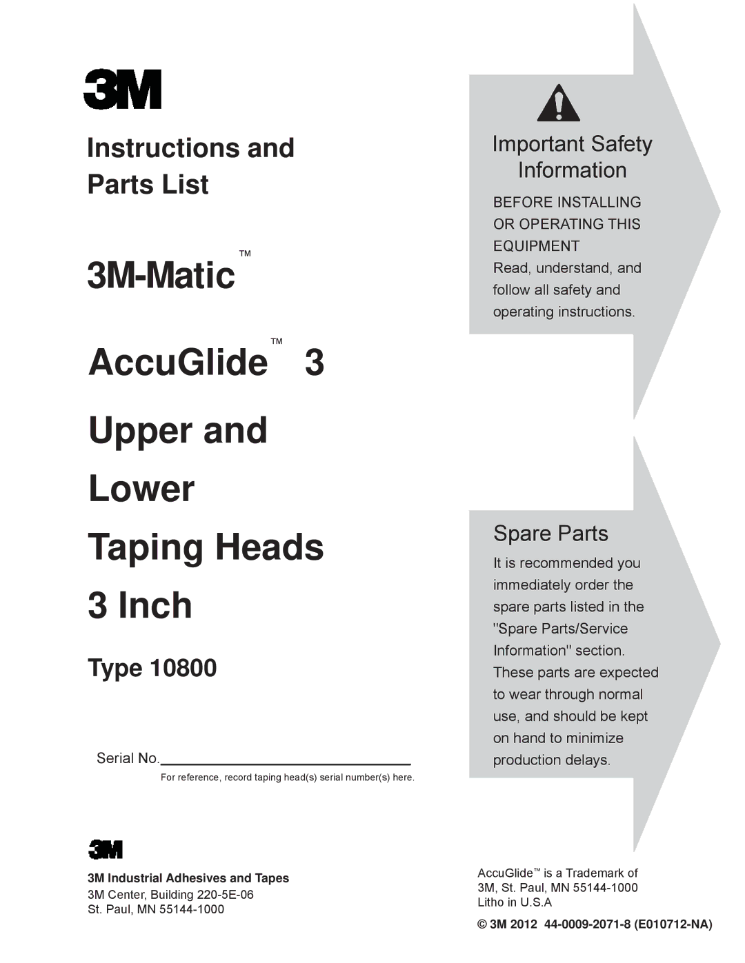 3M 800a3 manual 3M-Matic AccuGlide Upper Lower Taping Heads Inch, 3M 2012 44-0009-2071-8 E010712-NA 