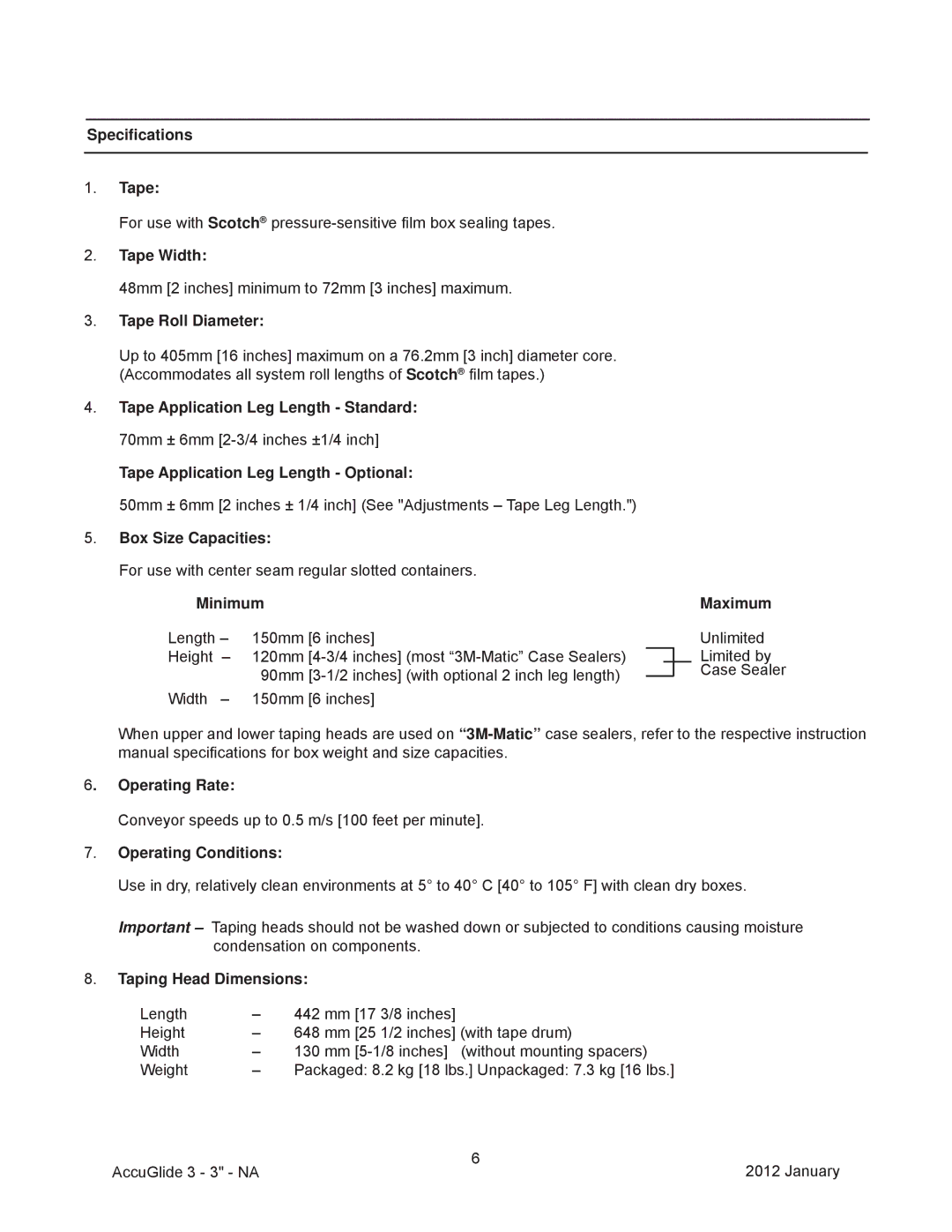 3M 800a3 manual Speciﬁcations Tape, Box Size Capacities, Taping Head Dimensions 