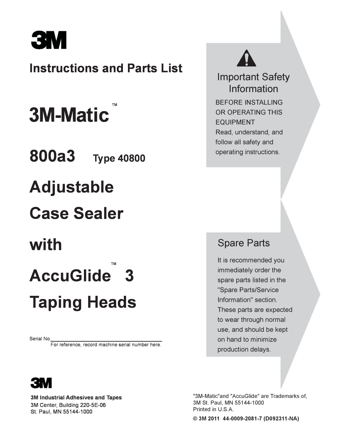 3M 800a3 manual Adjustable Case Sealer with AccuGlide, Taping Heads, Instructions and Parts List, Spare Parts, 3M-Matic 