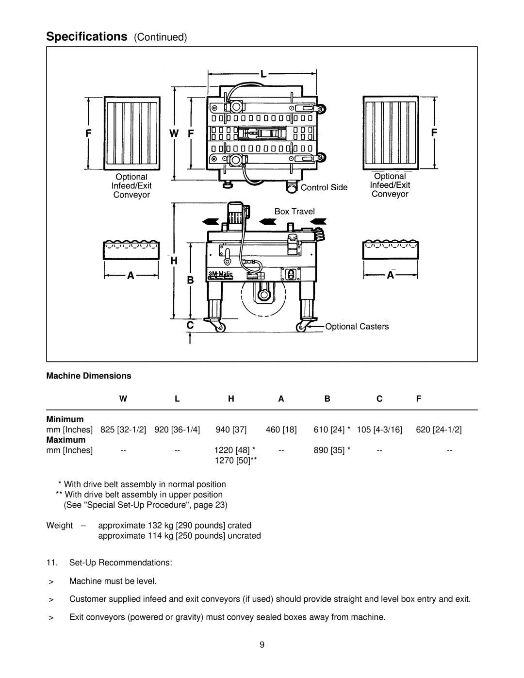 3M 800ab 39600 manual Machine Dimensions Minimum, Maximum 