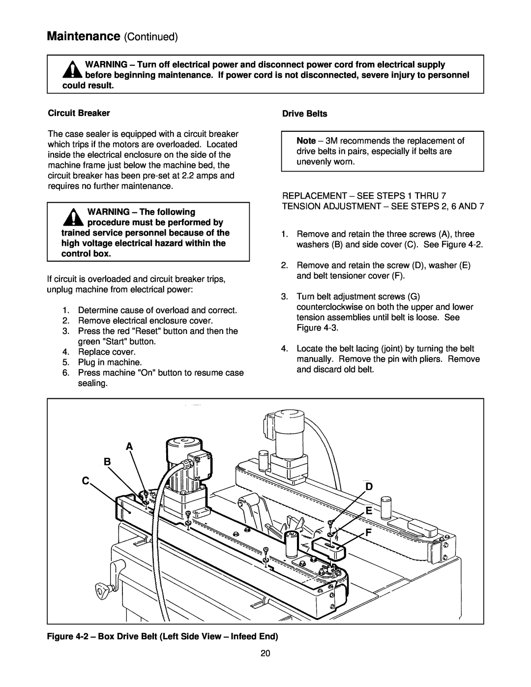3M 800ab 39600 manual could result, Circuit Breaker, WARNING - The following procedure must be performed by, Drive Belts 