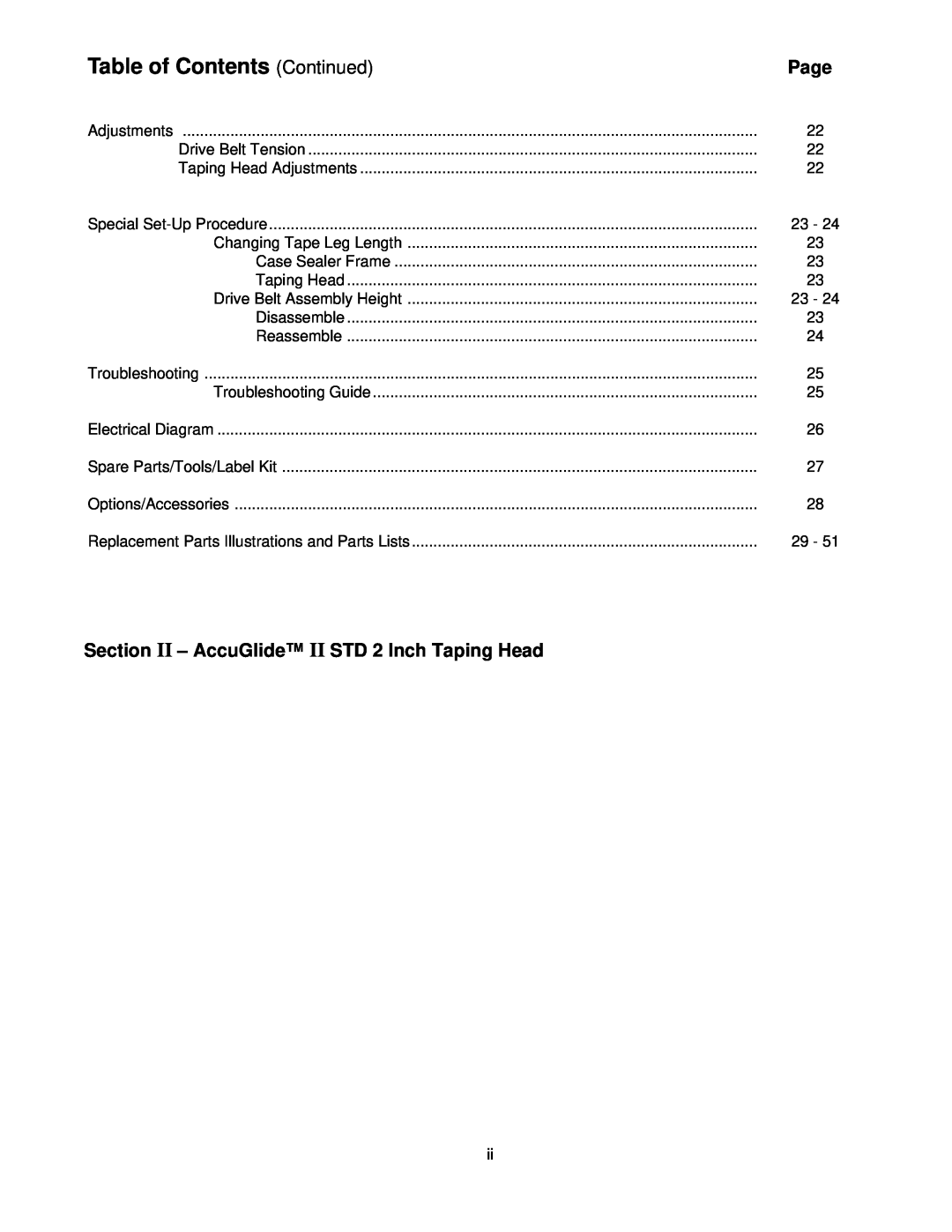 3M 800ab 39600 manual Table of Contents Continued, Page, Section II - AccuGlide II STD 2 Inch Taping Head 