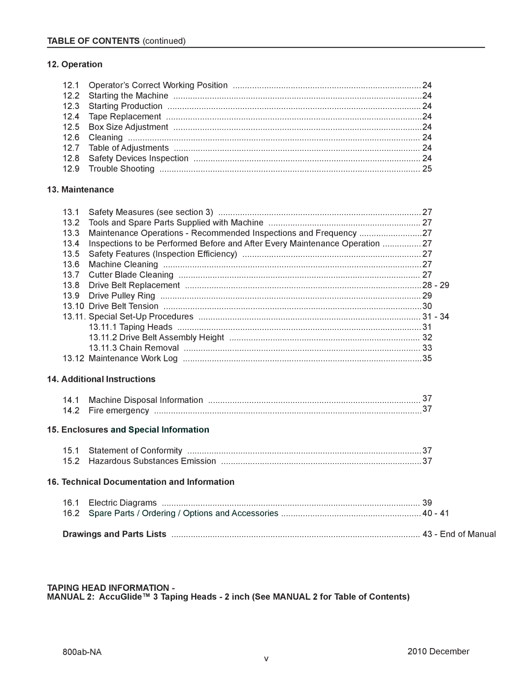 3M 800ab manual Table of Contents Operation, Maintenance, Additional Instructions, Technical Documentation and Information 