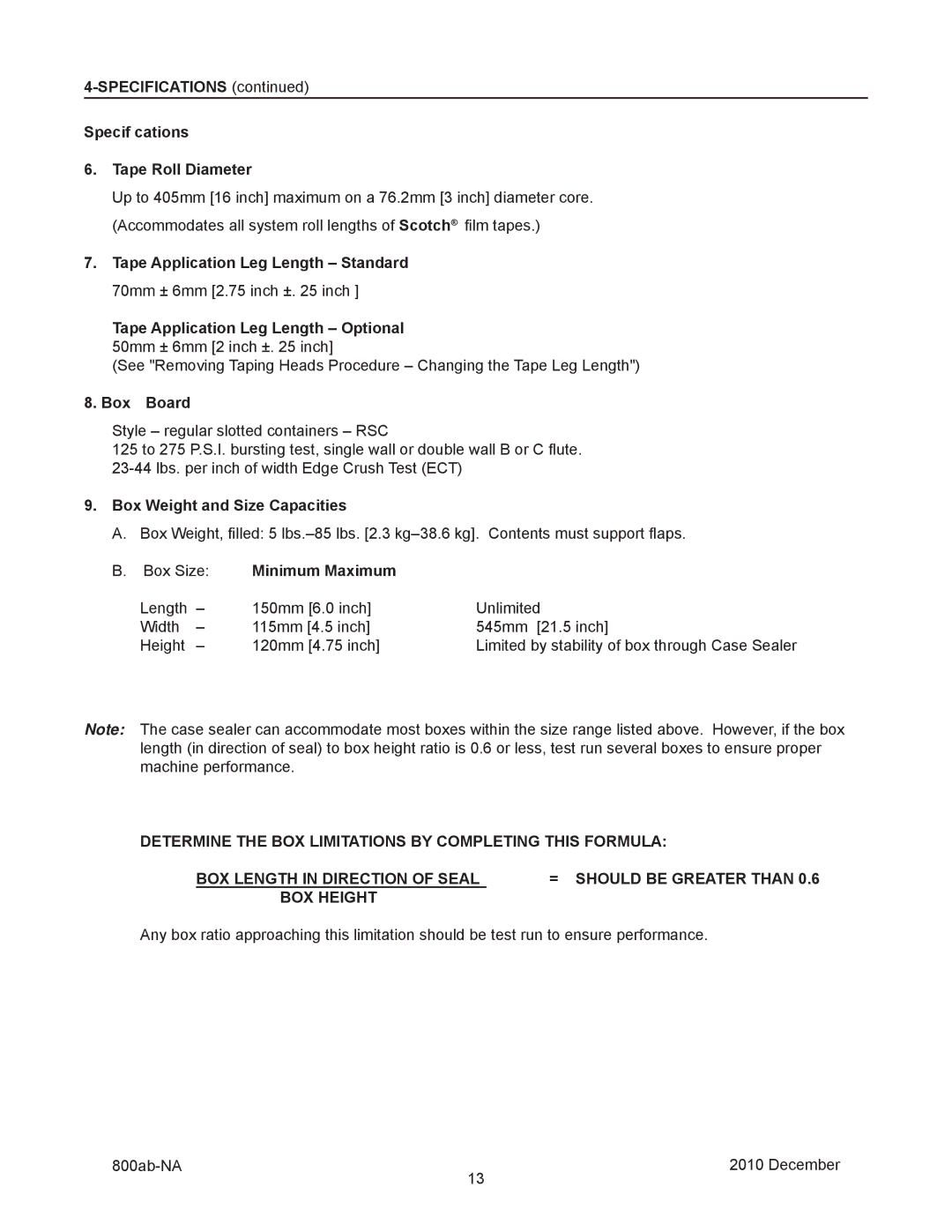 3M 800ab manual Specifications Specif cations Tape Roll Diameter, Tape Application Leg Length Standard, Box Board 