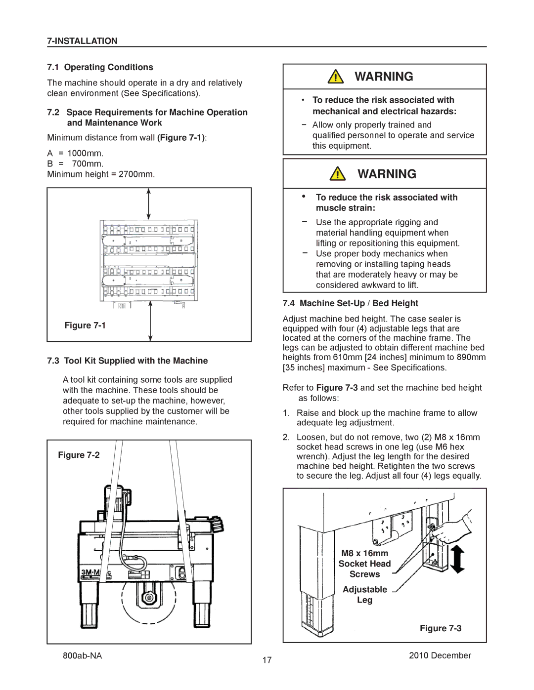 3M 800ab manual Installation, Tool Kit Supplied with the Machine, Machine Set-Up / Bed Height 