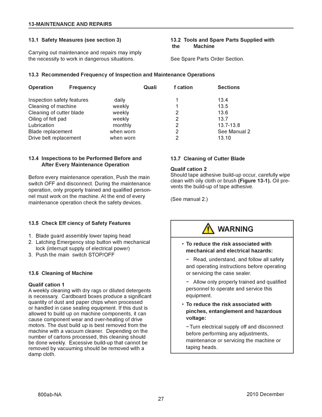 3M 800ab Maintenance and Repairs, Check Eff ciency of Safety Features, Cleaning of Machine Qualif cation, Cation Sections 