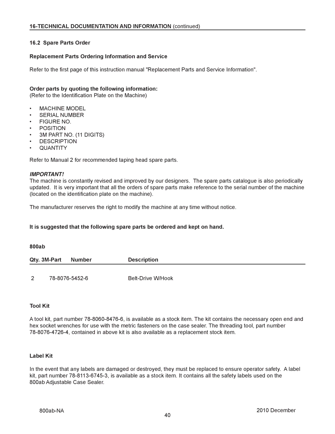 3M 800ab manual Machine Model Serial Number, Label Kit 