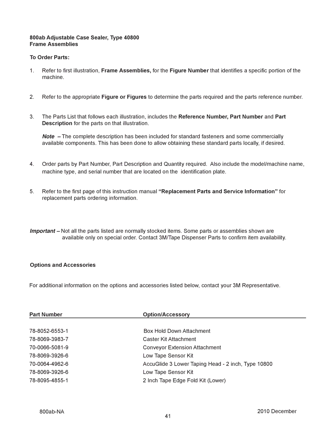 3M 800ab manual Options and Accessories, Part Number Option/Accessory 