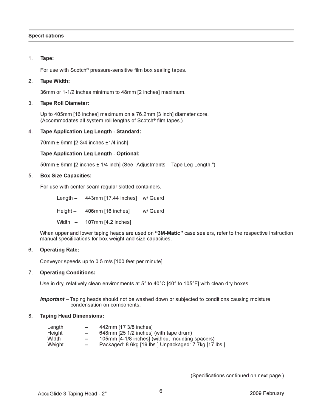 3M 800ab manual Specif cations Tape, Tape Width, Box Size Capacities, Taping Head Dimensions 