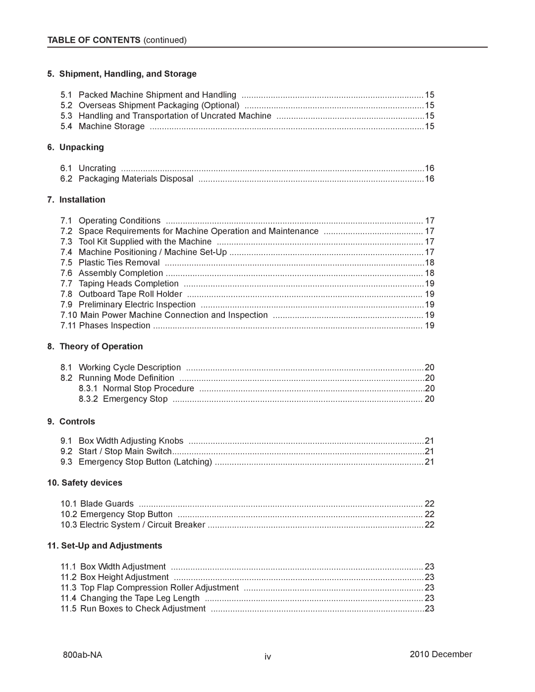 3M 800ab manual Table of Contents Shipment, Handling, and Storage, Unpacking, Installation, Theory of Operation, Controls 