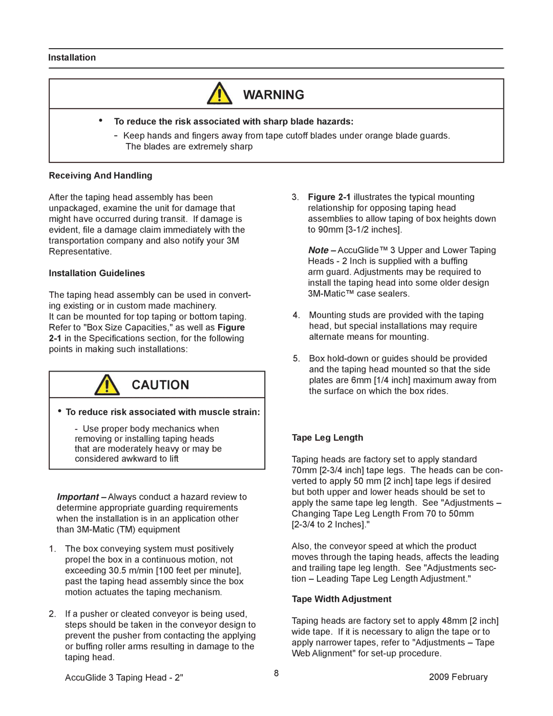 3M 800ab Receiving And Handling, Installation Guidelines, To reduce risk associated with muscle strain, Tape Leg Length 