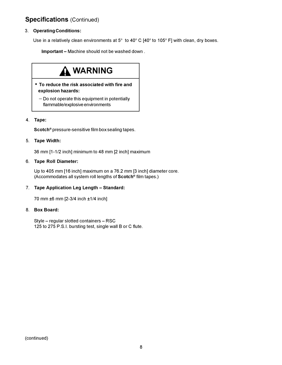 3M 800af-s manual Operating Conditions, Tape Width, Tape Roll Diameter, Tape Application Leg Length Standard, Box Board 