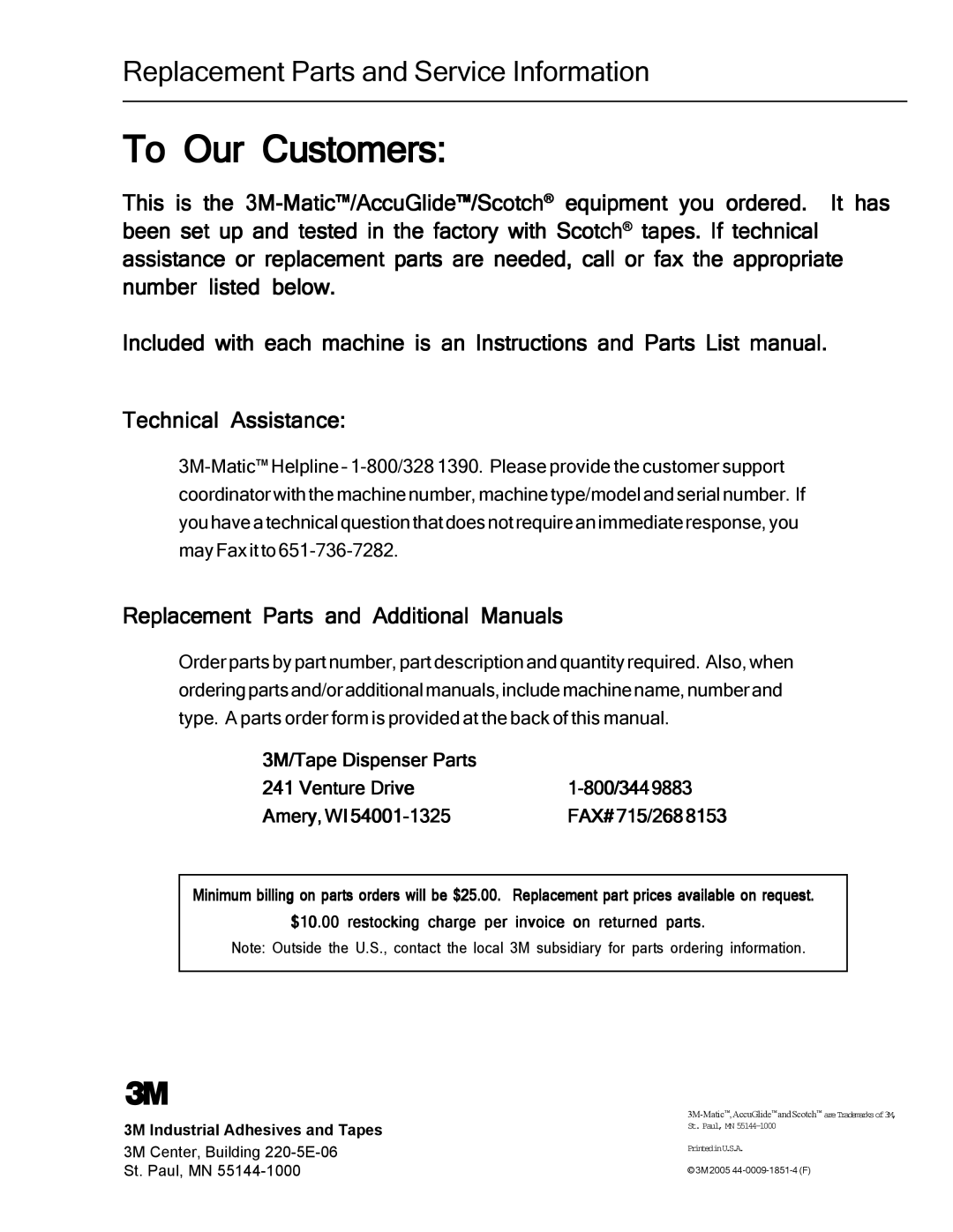 3M 800af-s manual To Our Customers 