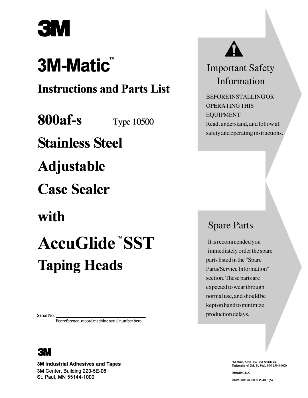 3M 800af-s manual 3M-Matic, AccuGlide SST, Stainless Steel Adjustable Case Sealer with, Taping Heads, Spare Parts 