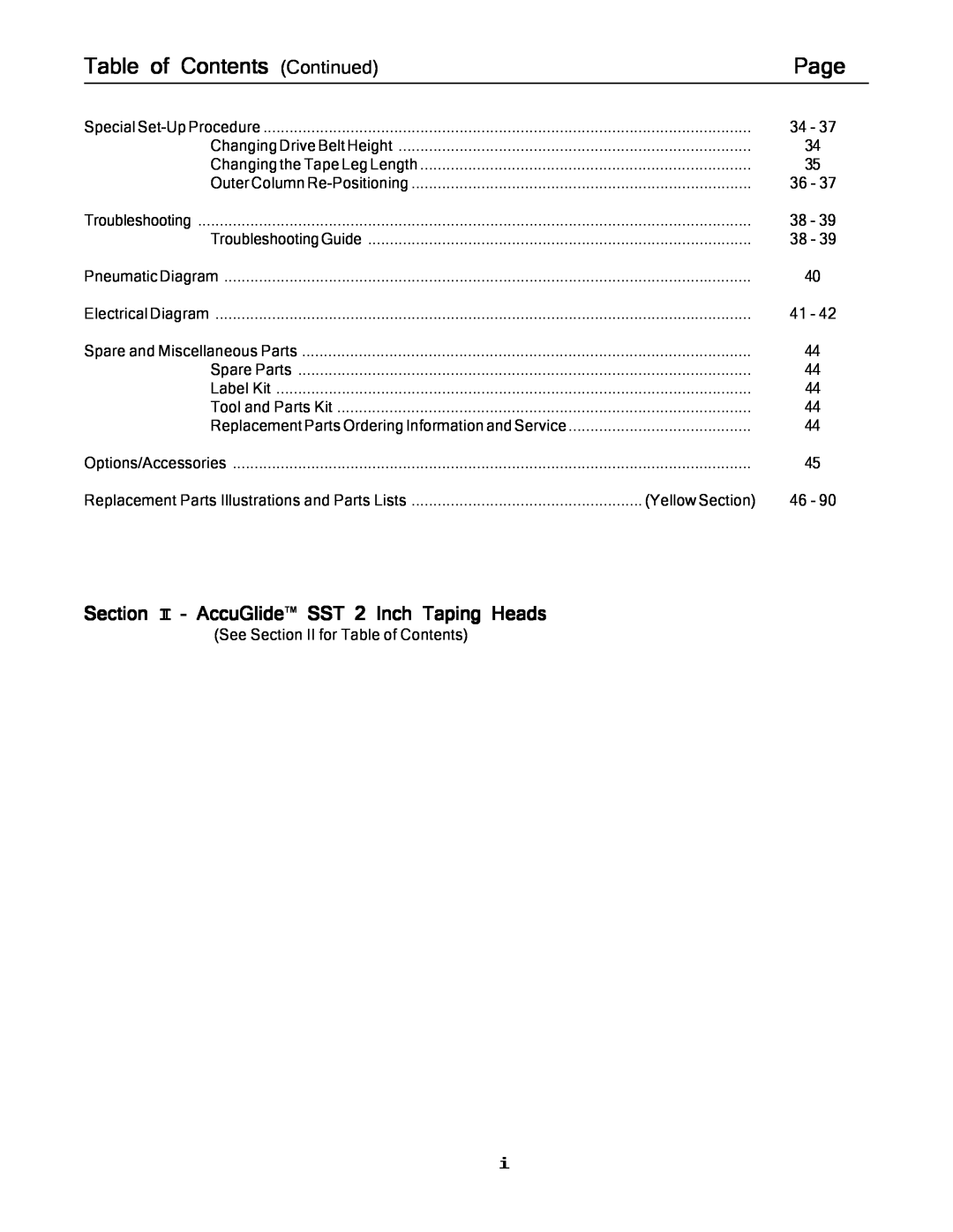 3M 800af-s manual Table of Contents Continued, Page, Section I – AccuGlide SST 2 Inch Taping Heads 