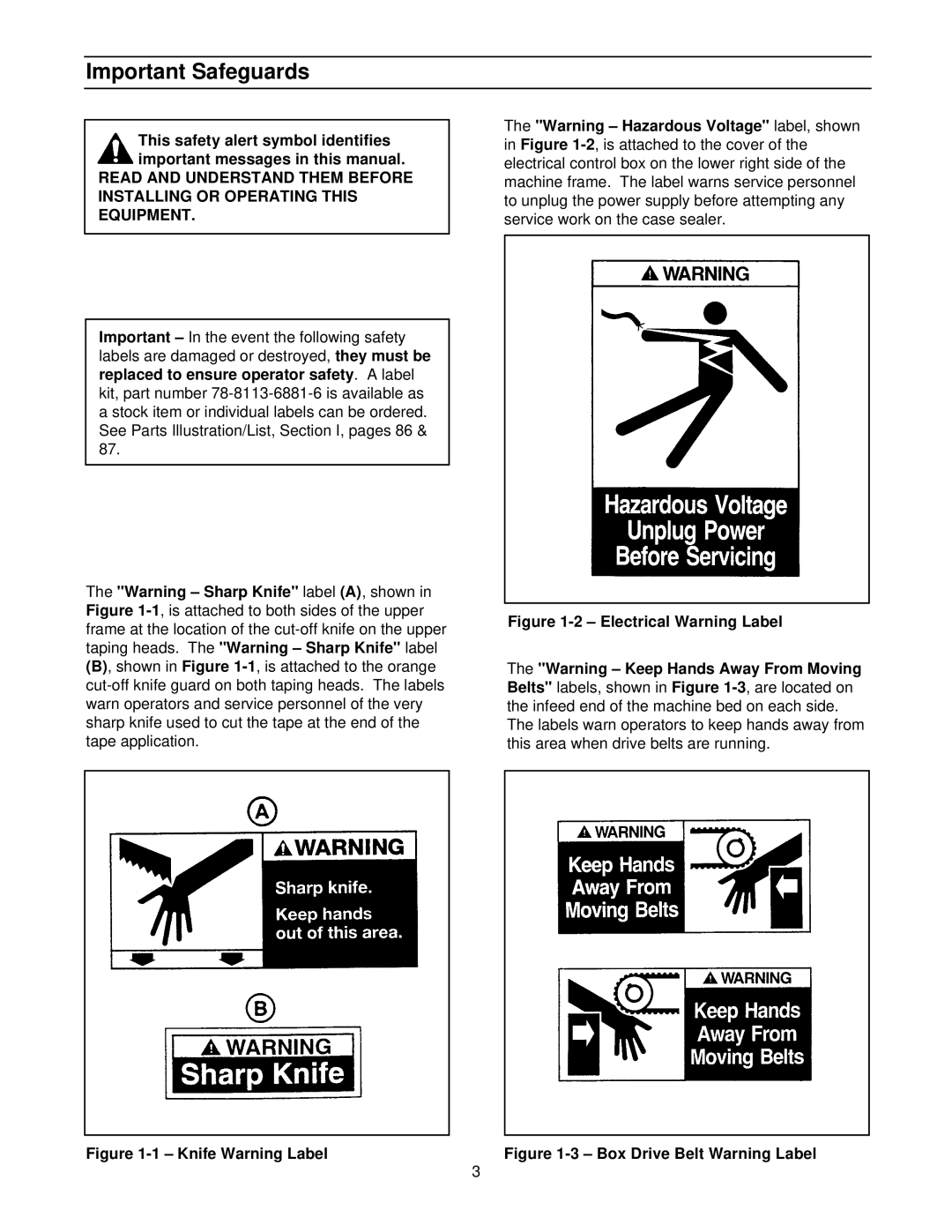 3M 800af manual Important Safeguards, Knife Warning Label 