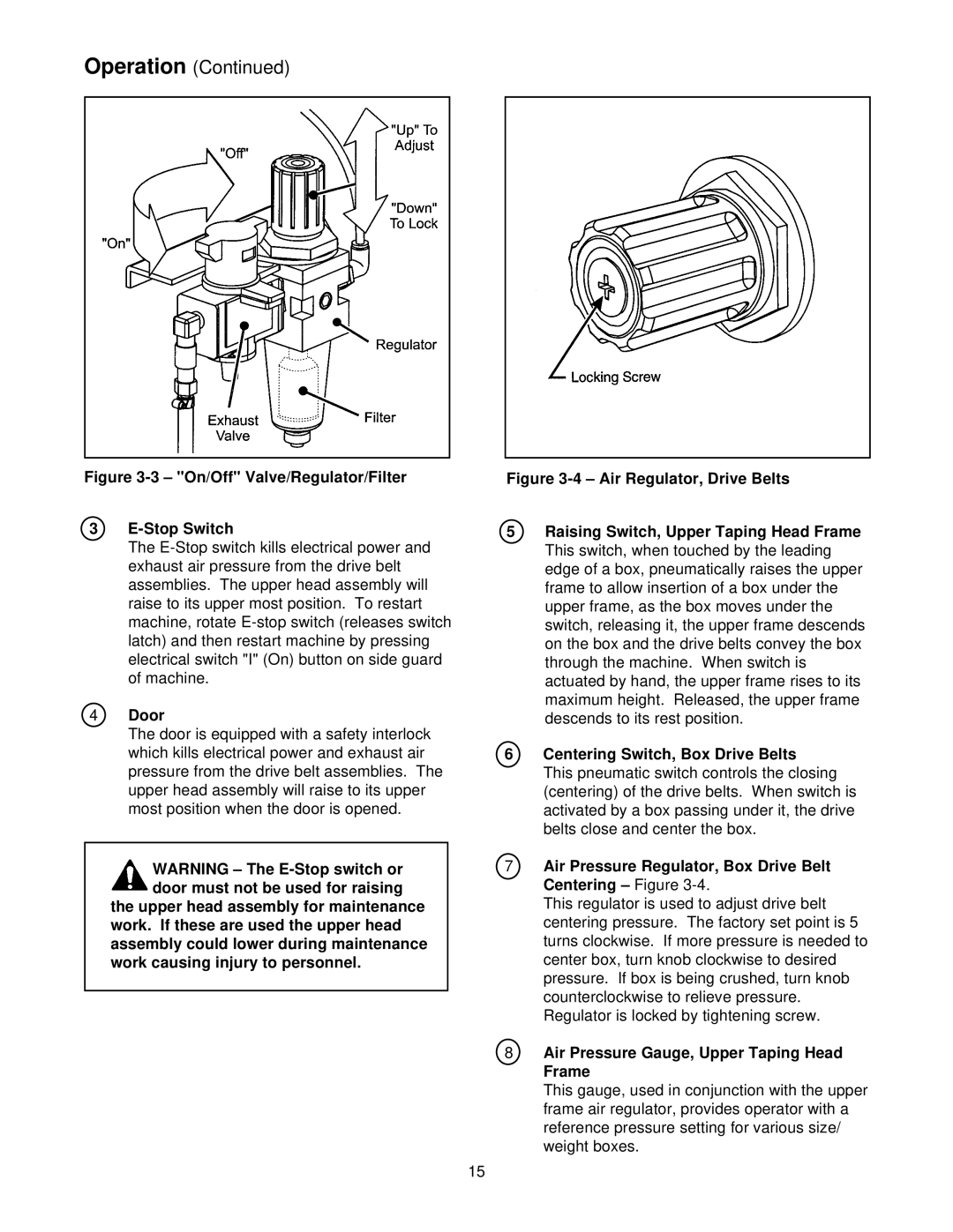 3M 800r3 manual Door, Air Pressure Regulator, Box Drive Belt Centering -4, Air Pressure Gauge, Upper Taping Head Frame 