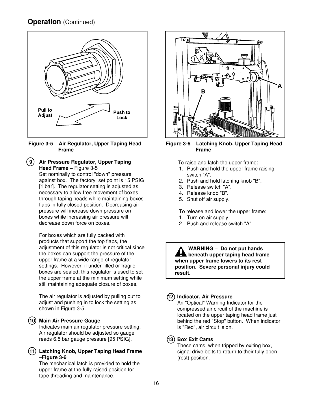 3M 800r3 manual Main Air Pressure Gauge, Latching Knob, Upper Taping Head Frame -Figure, Box Exit Cams 