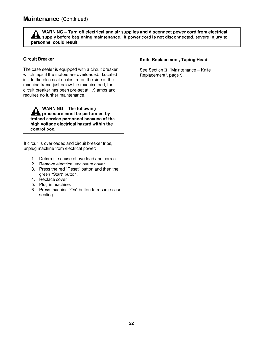 3M 800r3 manual Personnel could result Circuit Breaker, Knife Replacement, Taping Head 