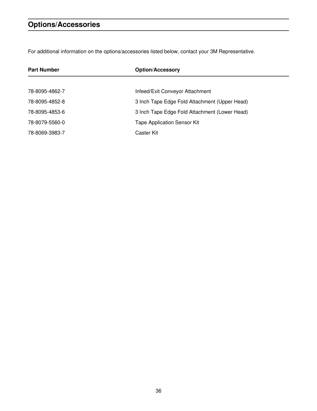 3M 800r3 manual Options/Accessories, Part Number Option/Accessory 