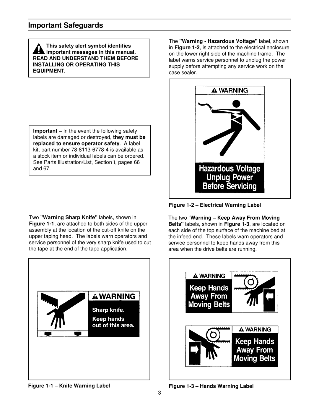 3M 800r3 manual Important Safeguards, Knife Warning Label 