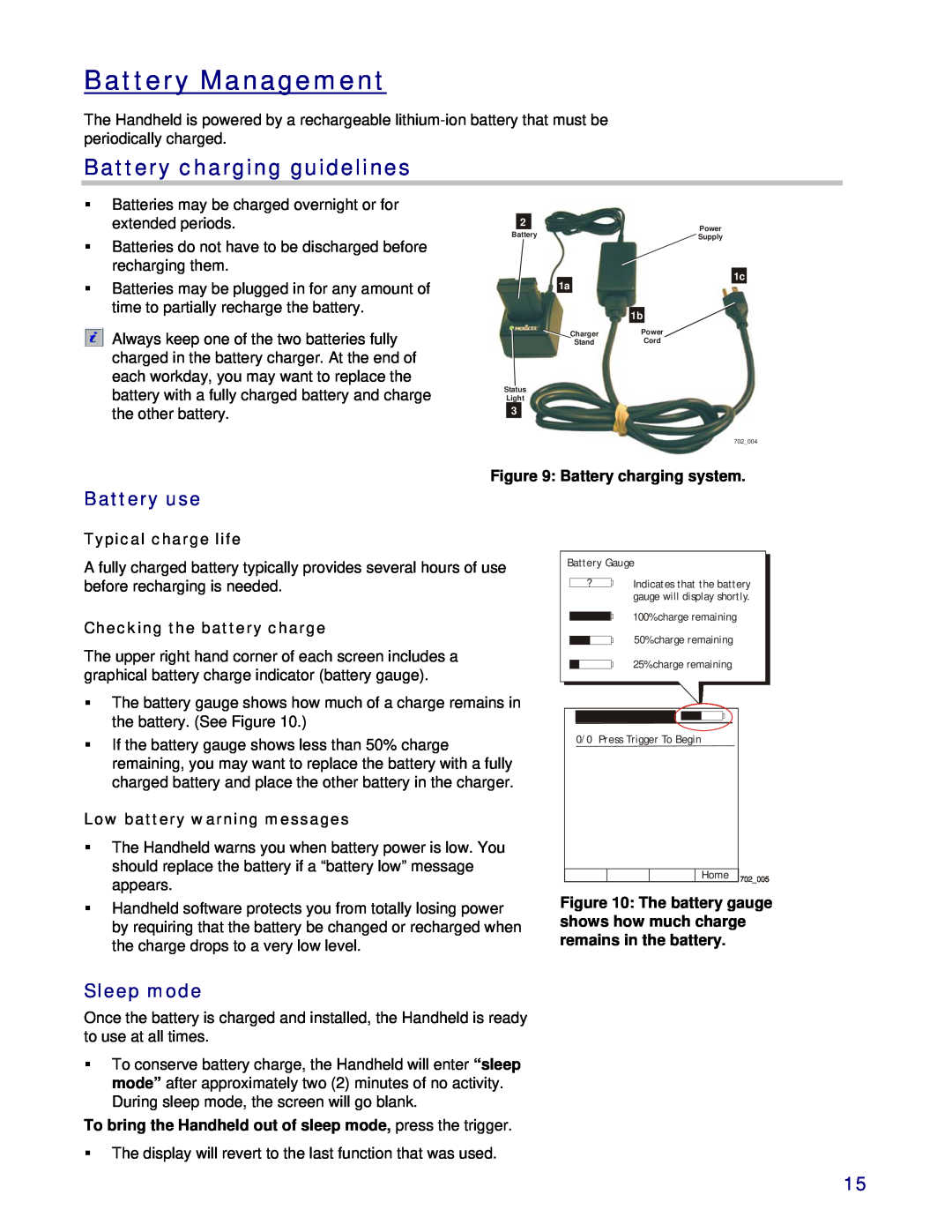 3M 803 owner manual Battery Management, Battery charging guidelines, Battery use, Sleep mode, Battery charging system 
