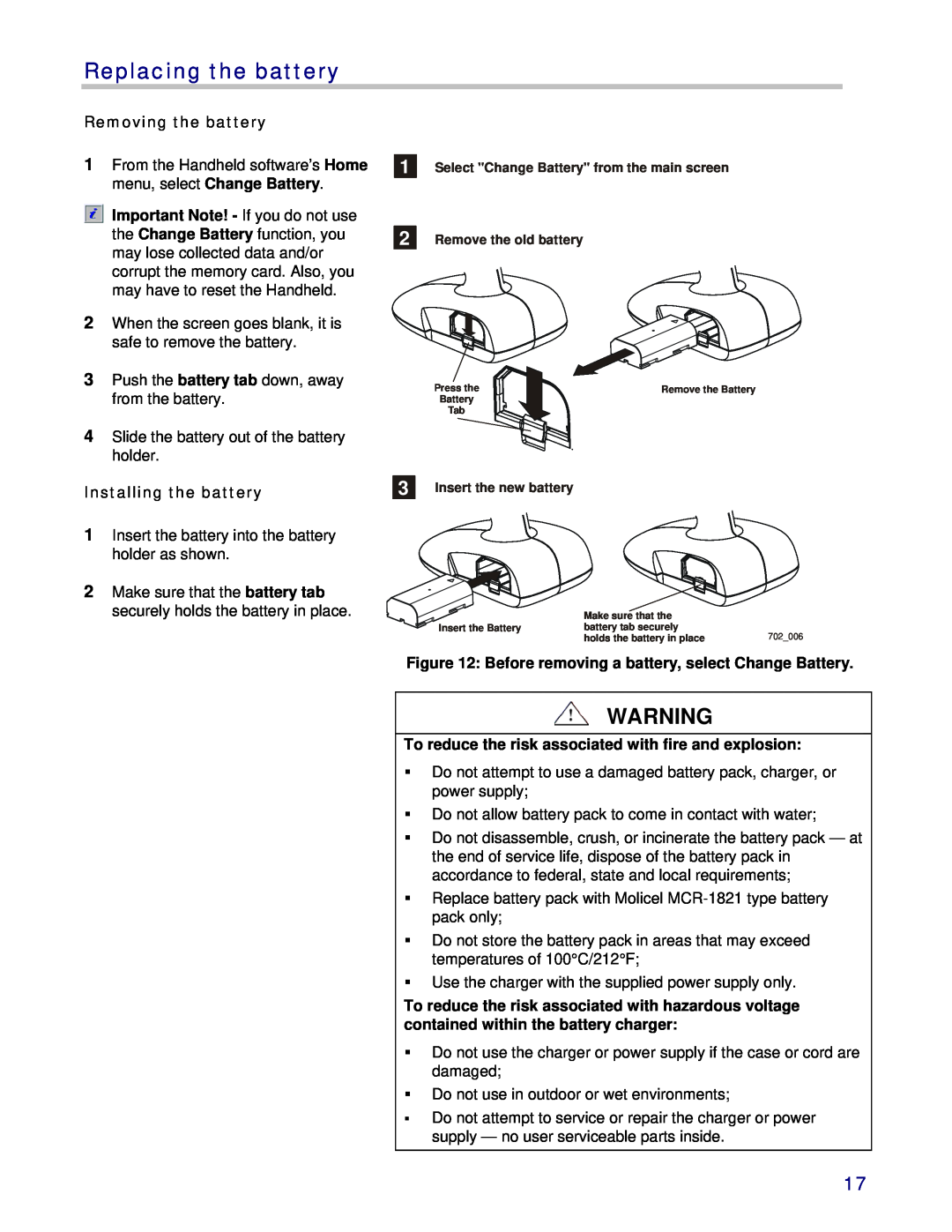 3M 803 owner manual Replacing the battery, Removing the battery, Installing the battery 