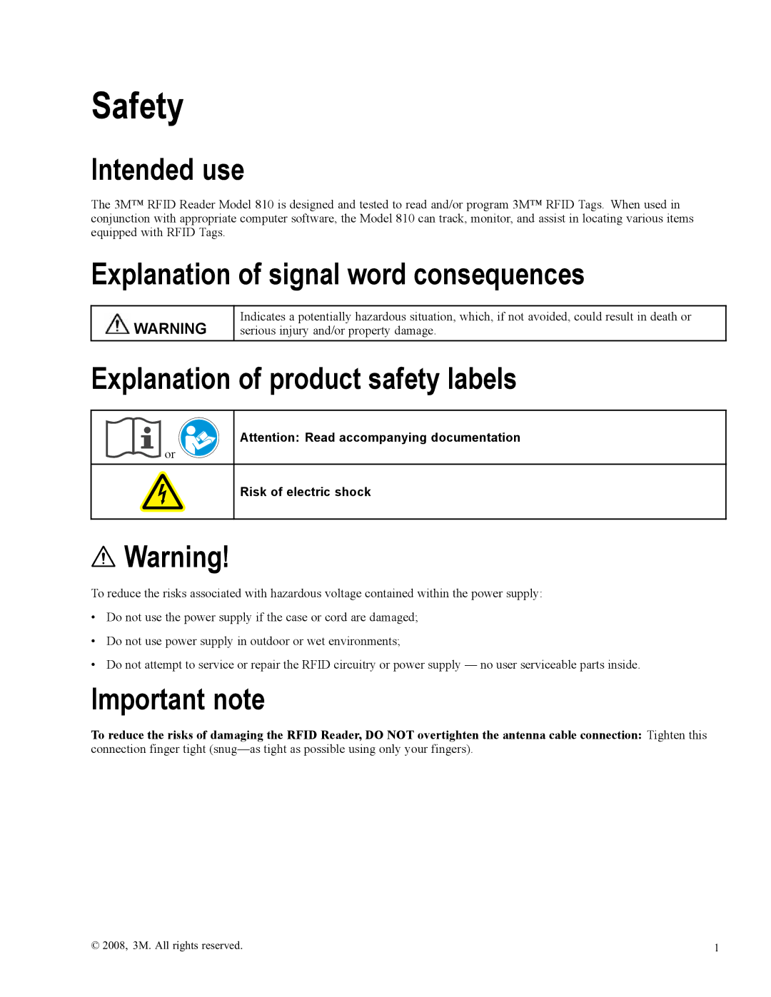 3M 810 Safety, Intended use, Explanation of signal word consequences, Explanation of product safety labels, Important note 