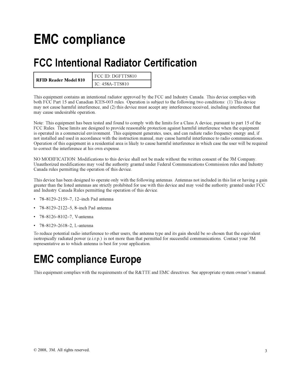 3M 810 owner manual FCC Intentional Radiator Certification, EMC compliance Europe 