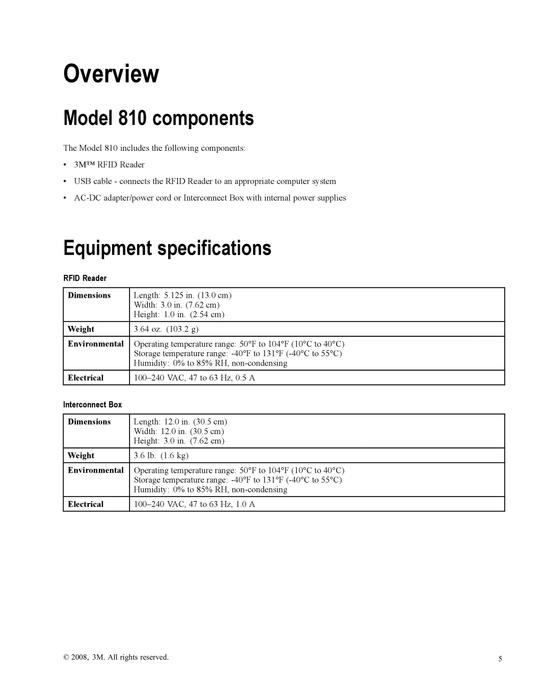 3M owner manual Overview, Model 810 components, Equipment specifications 