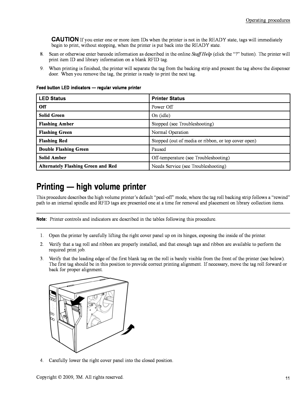 3M 813 Printing - high volume printer, Feed button LED indicators - regular volume printer, LED Status, Printer Status 