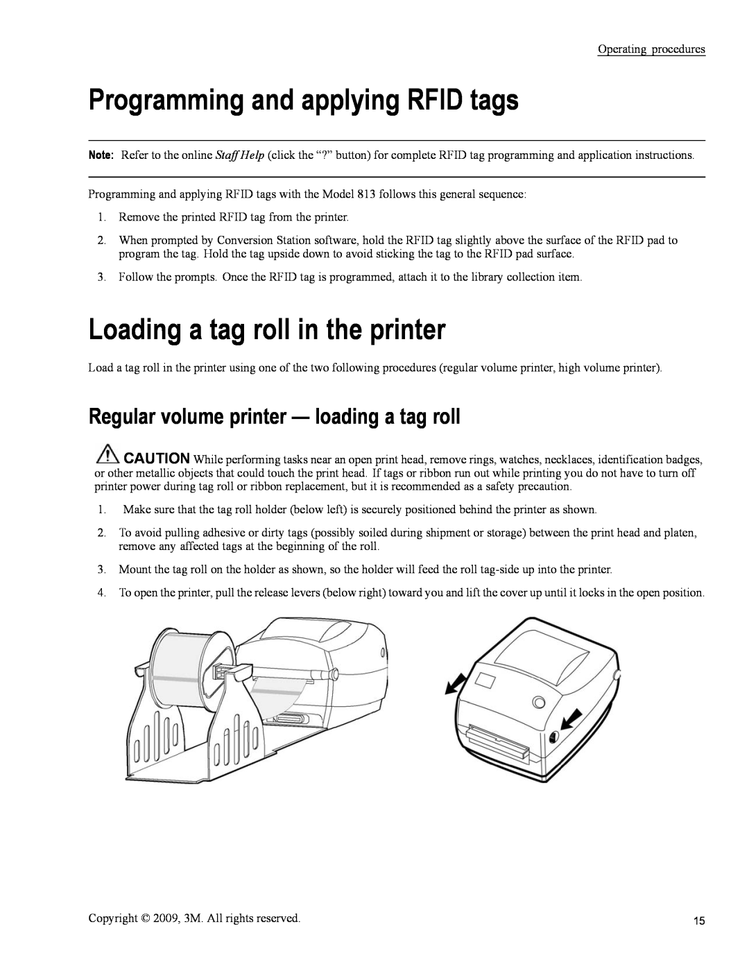 3M 813 Programming and applying RFID tags, Loading a tag roll in the printer, Regular volume printer - loading a tag roll 