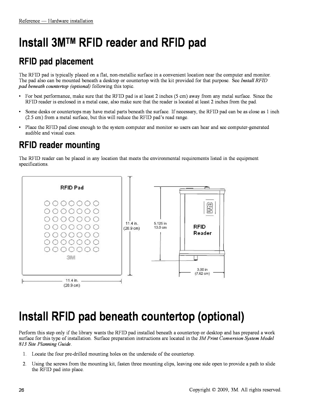 3M 813 owner manual Install 3MTM RFID reader and RFID pad, Install RFID pad beneath countertop optional, RFID pad placement 