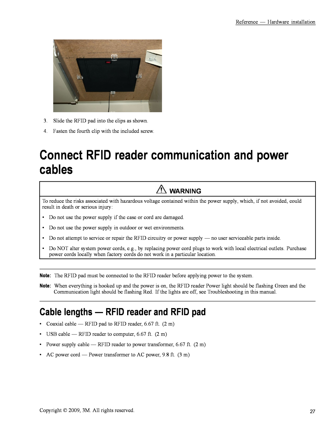 3M 813 owner manual Connect RFID reader communication and power cables, Cable lengths - RFID reader and RFID pad 