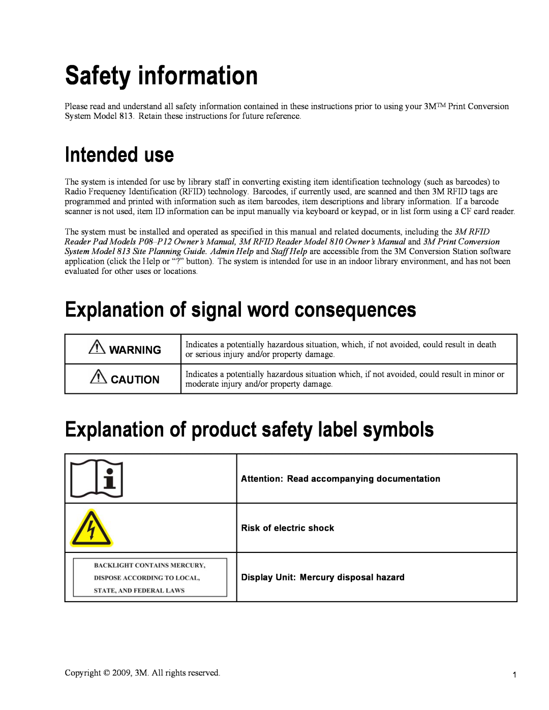 3M 813 Safety information, Intended use, Explanation of signal word consequences, Display Unit Mercury disposal hazard 