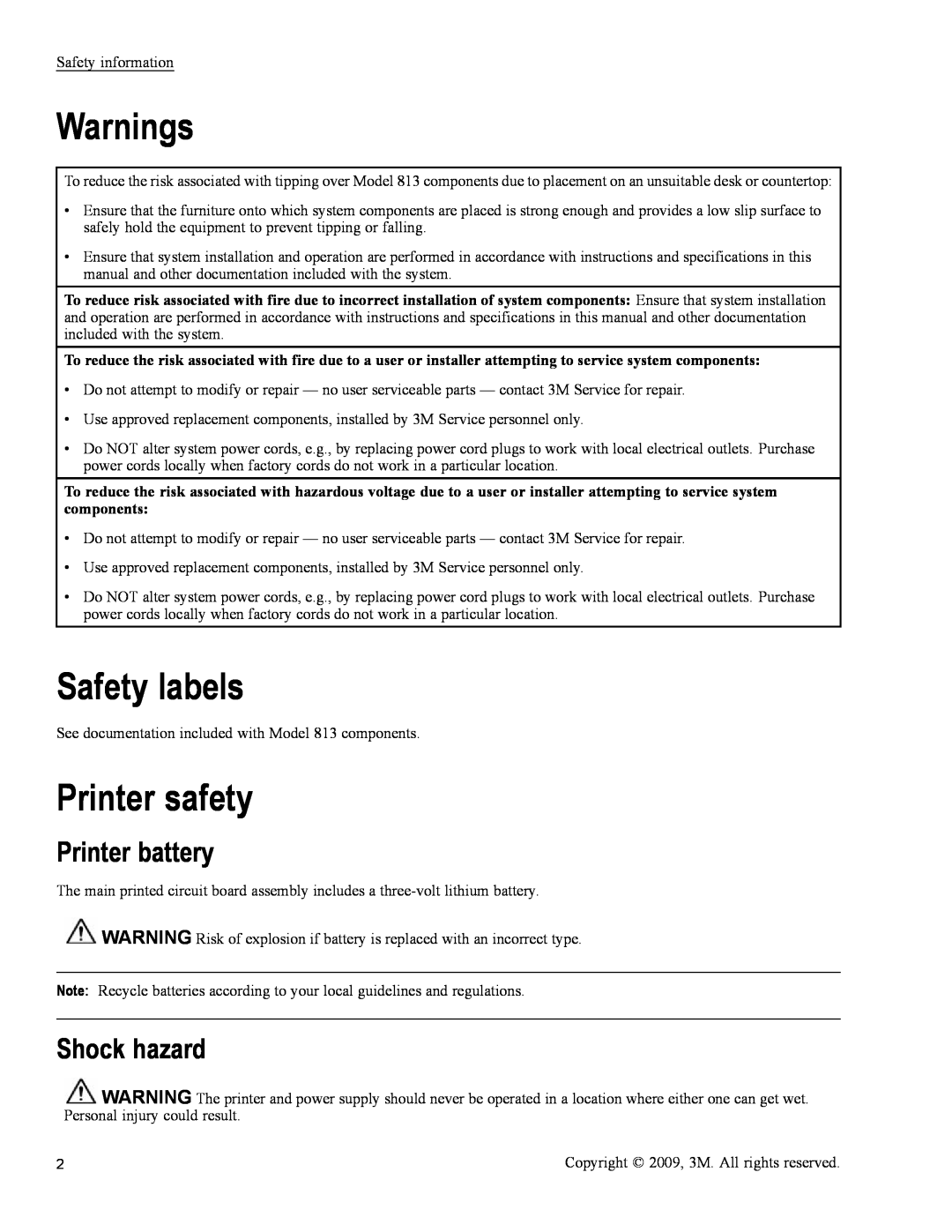 3M 813 owner manual Warnings, Safety labels, Printer safety, Printer battery, Shock hazard 