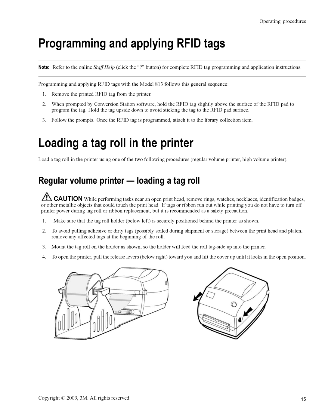 3M 813 Programming and applying Rfid tags, Loading a tag roll in the printer, Regular volume printer loading a tag roll 