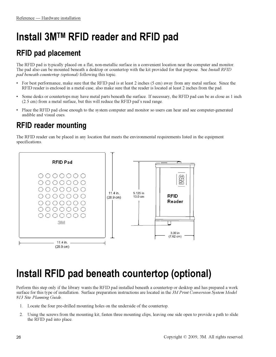 3M 813 owner manual Install 3MTM Rfid reader and Rfid pad, Install Rfid pad beneath countertop optional, Rfid pad placement 