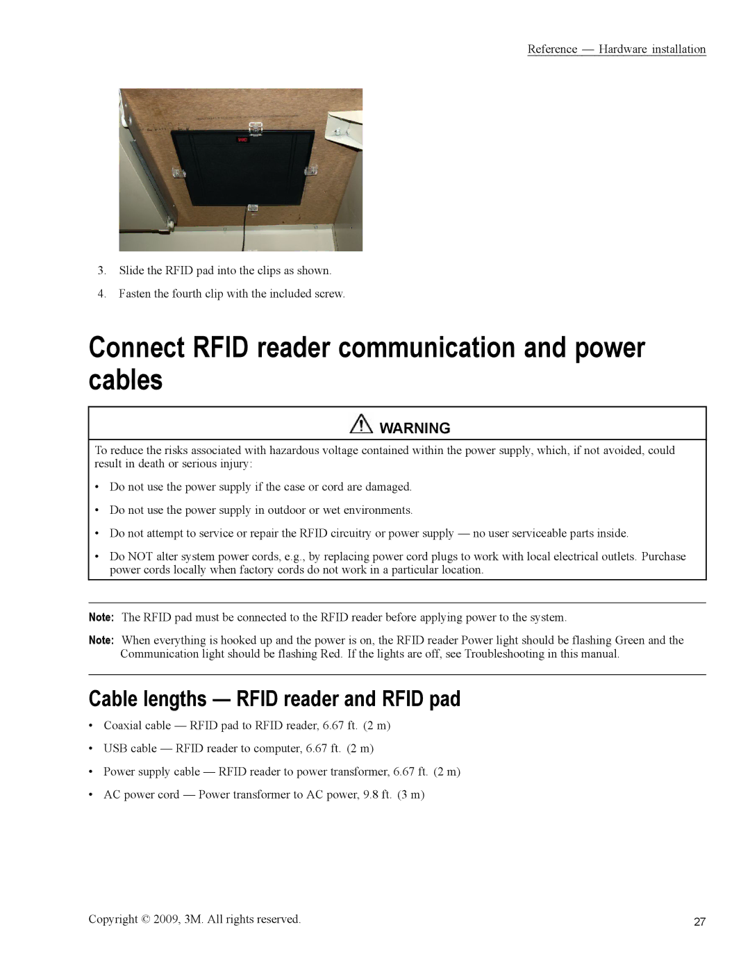 3M 813 owner manual Connect Rfid reader communication and power cables, Cable lengths Rfid reader and Rfid pad 