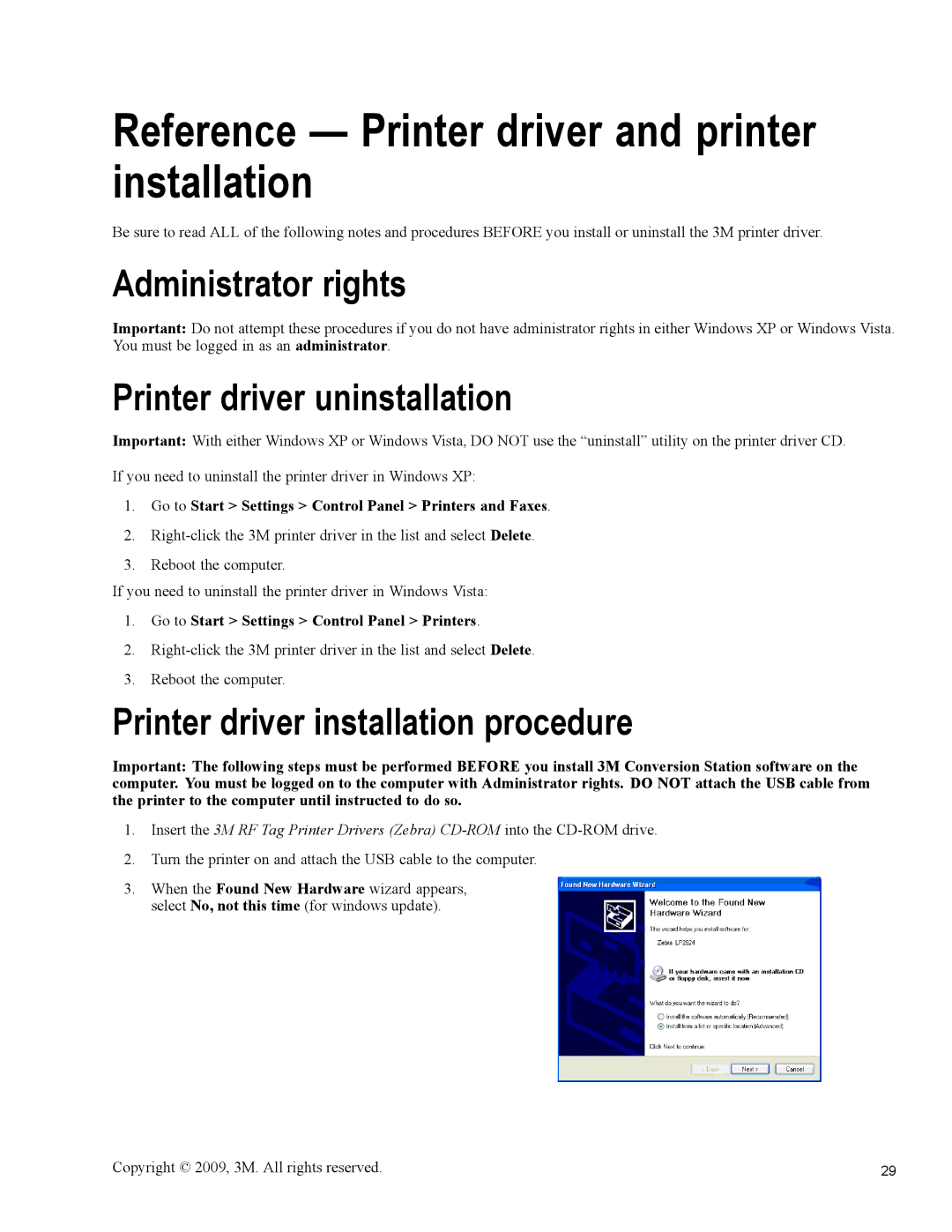 3M 813 owner manual Reference Printer driver and printer installation, Administrator rights, Printer driver uninstallation 