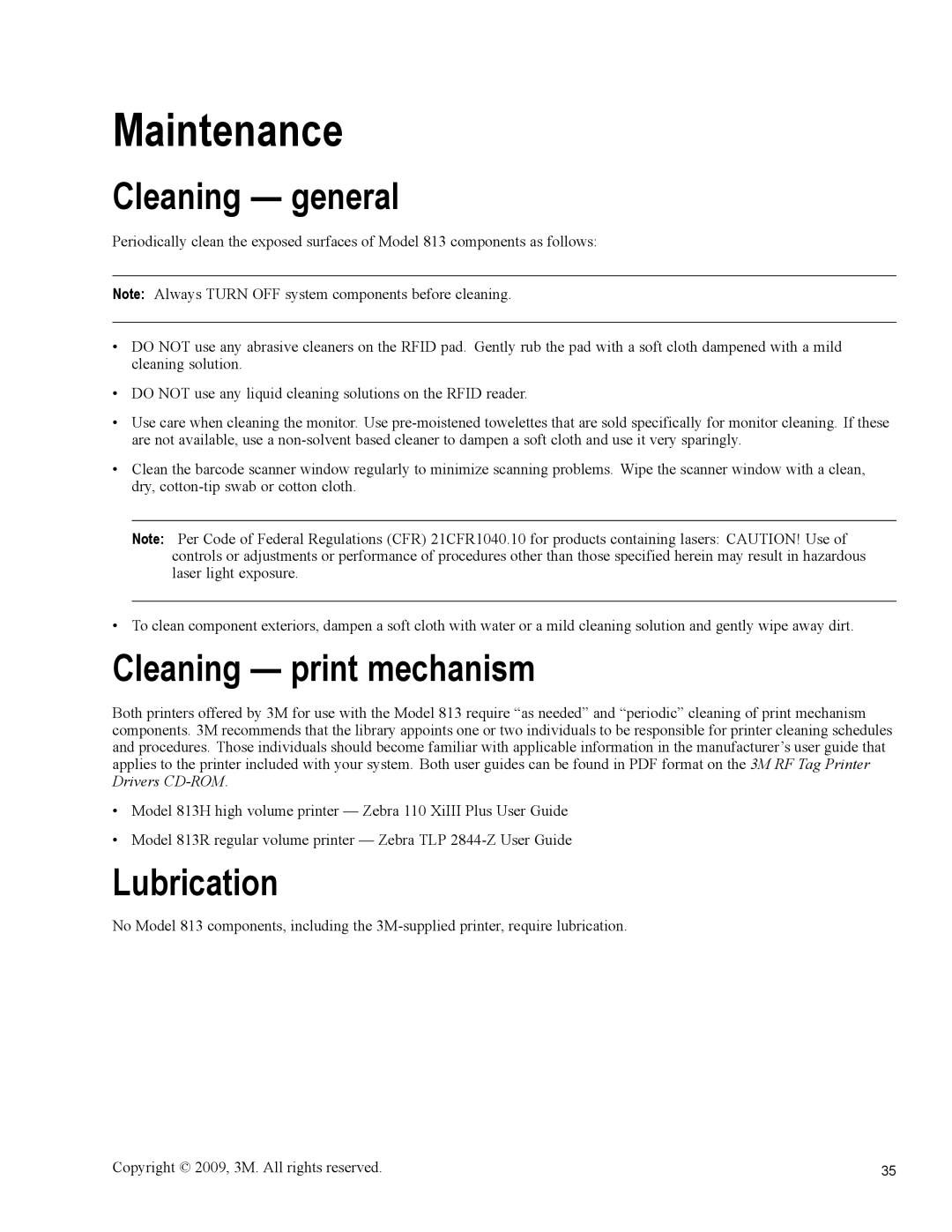 3M 813 owner manual Maintenance, Cleaning general, Cleaning print mechanism, Lubrication 