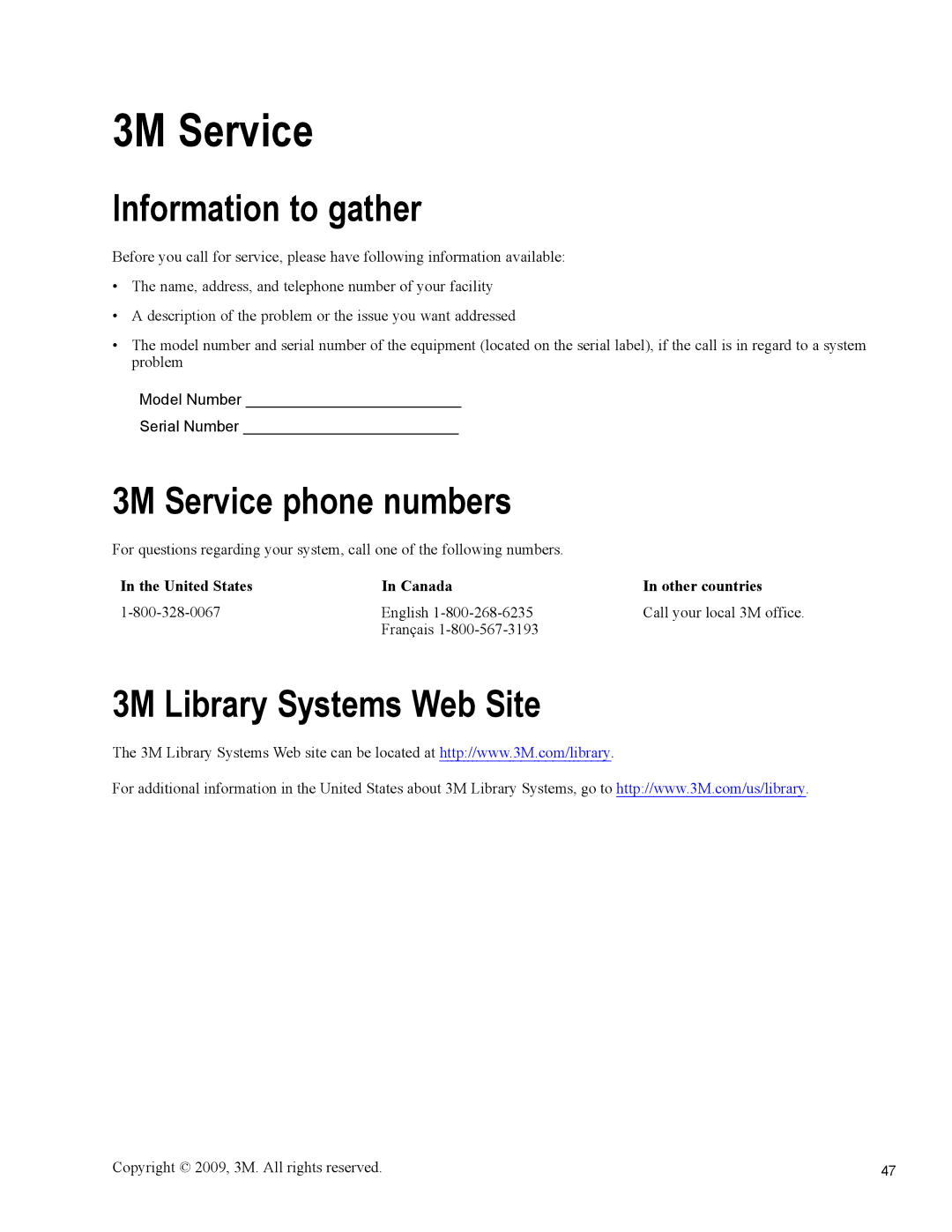 3M 813 owner manual Information to gather, 3M Service phone numbers, 3M Library Systems Web Site 