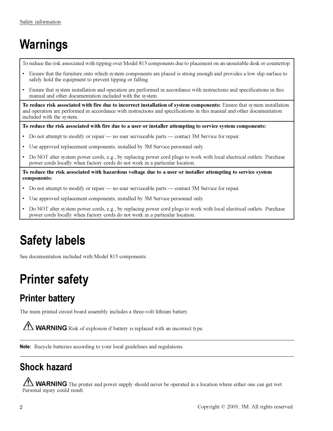 3M 813 owner manual Safety labels, Printer safety, Printer battery, Shock hazard 